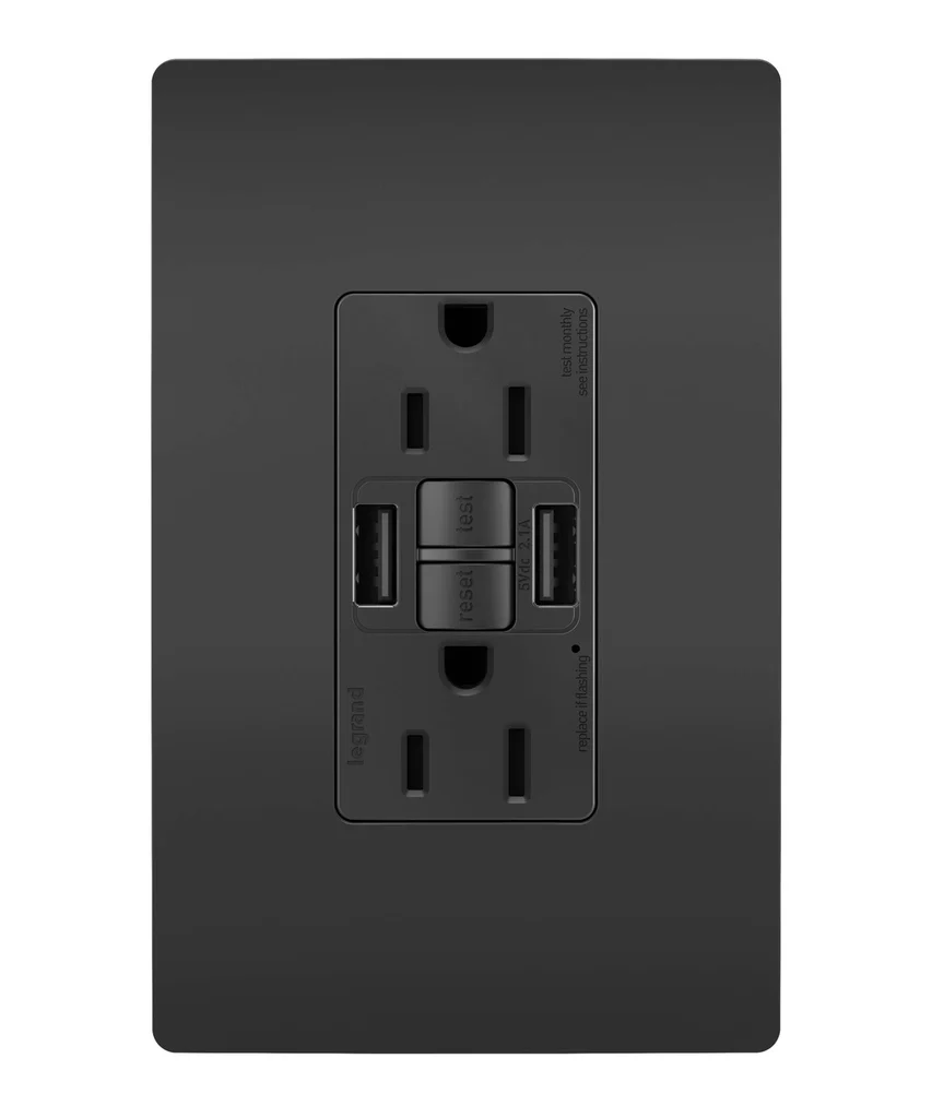 Tamper Resistant 15A Duplex Self Test GFCI Receptacles with SafeLock Protection  USB Type A  1597TRUSBAABK
