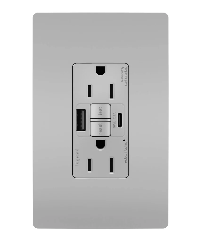 Tamper Resistant 15A Duplex Self Test GFCI Receptacles with SafeLock Protection USB Type A C 1597TRUSBACGRY