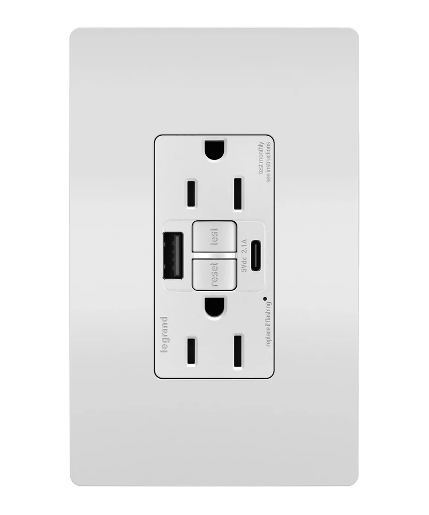 Tamper Resistant 15A Duplex Self Test GFCI Receptacles with SafeLock Protection USB Type A C White 1597TRUSBACW