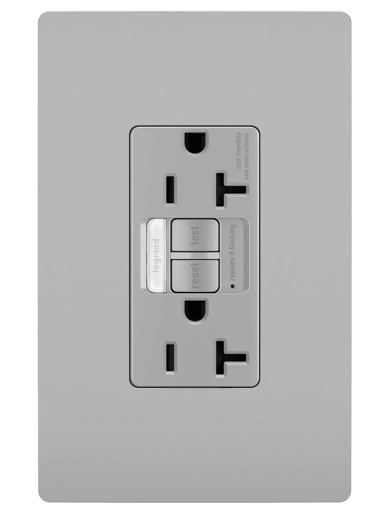 Tamper Resistant 20A Duplex Self Test GFCI Receptacles with SafeLock Protection and Night Light 2097NTLTRGRY